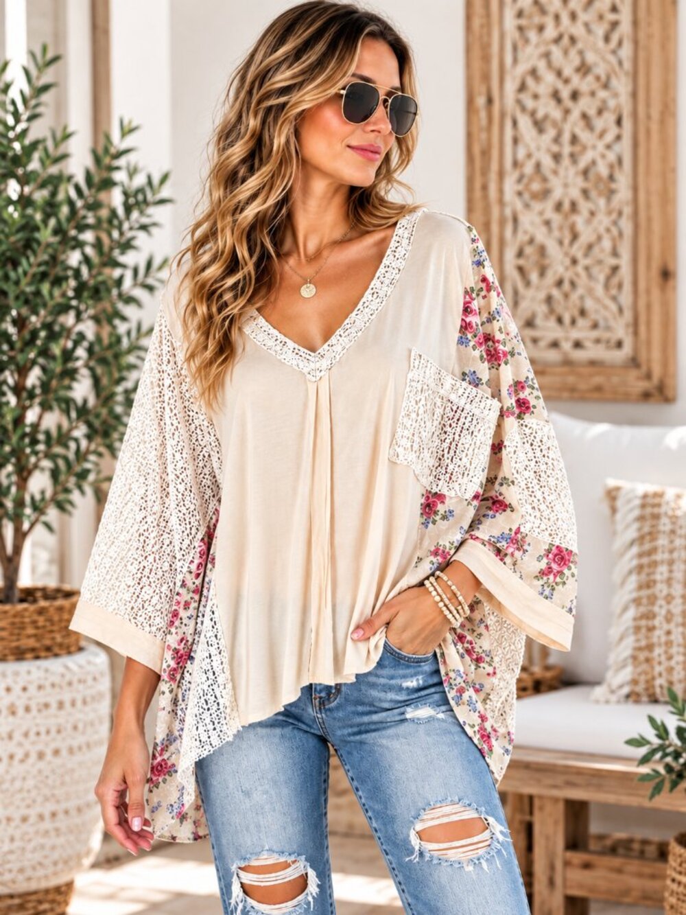 POL Cream Patchwork Crochet Lace Tunic Top Boho Oversized Medium